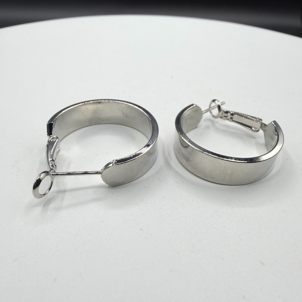 Silver Tone Wide Hoop Earrings Chunky Flat Band Hinged Closure Statement Pierced
